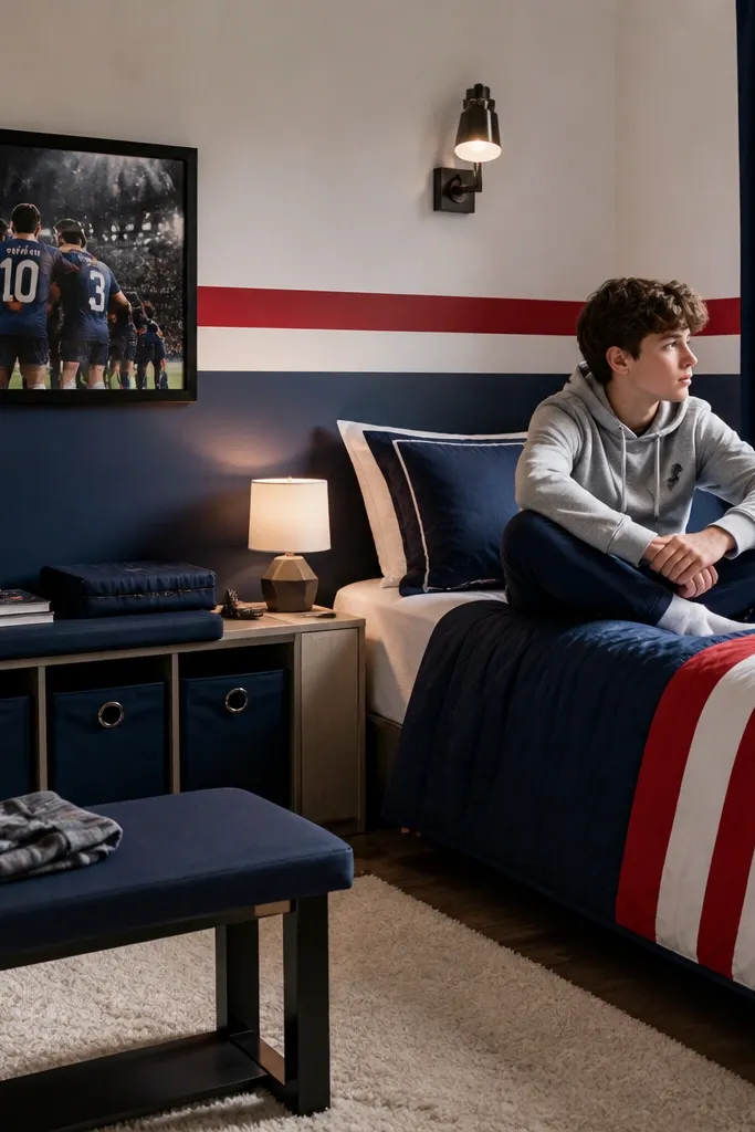 Team-color bedding, locker-style wall decals, bench seating, and a trophy shelf