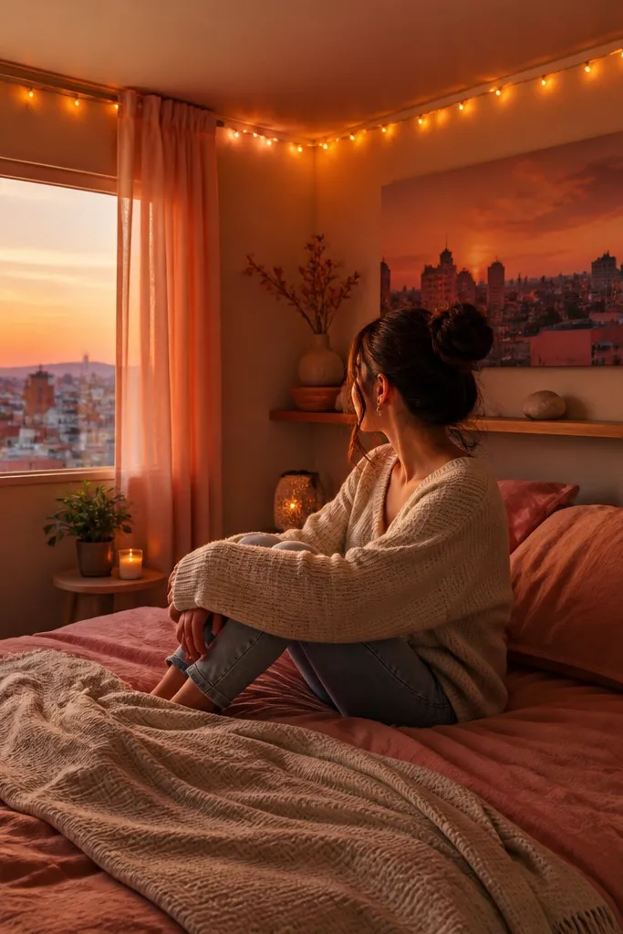 Orange and pink bedding, peach curtains, warm string lights, and skyline wall art