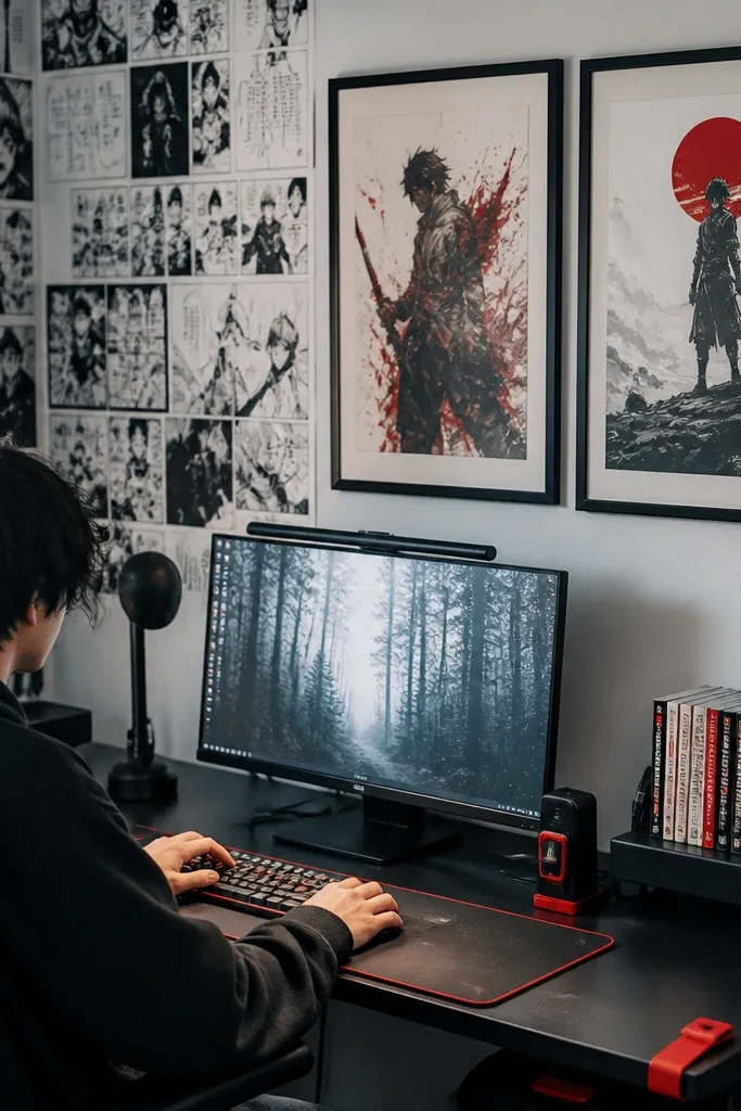 Desk with neon monitor-style lights, manga-style wall panel, and black and red decor