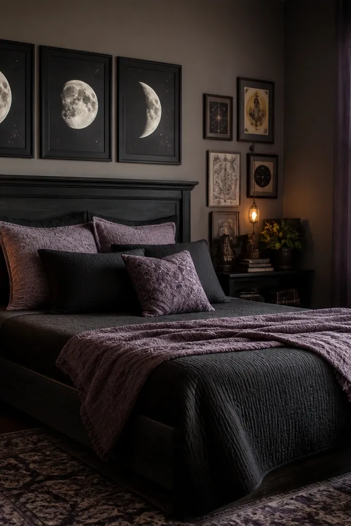 Black bed with lavender accents, lace curtains, moon wall art, and small candle-style lights