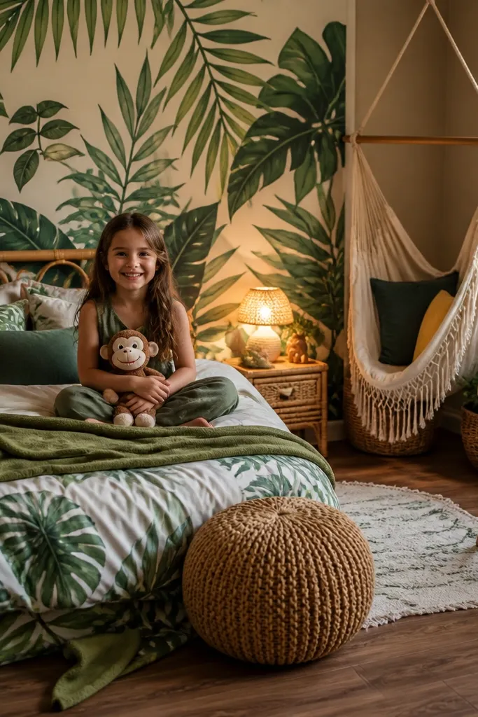 Green leaf wall art, bright patterned pillows, rattan-style chair, and warm string lights