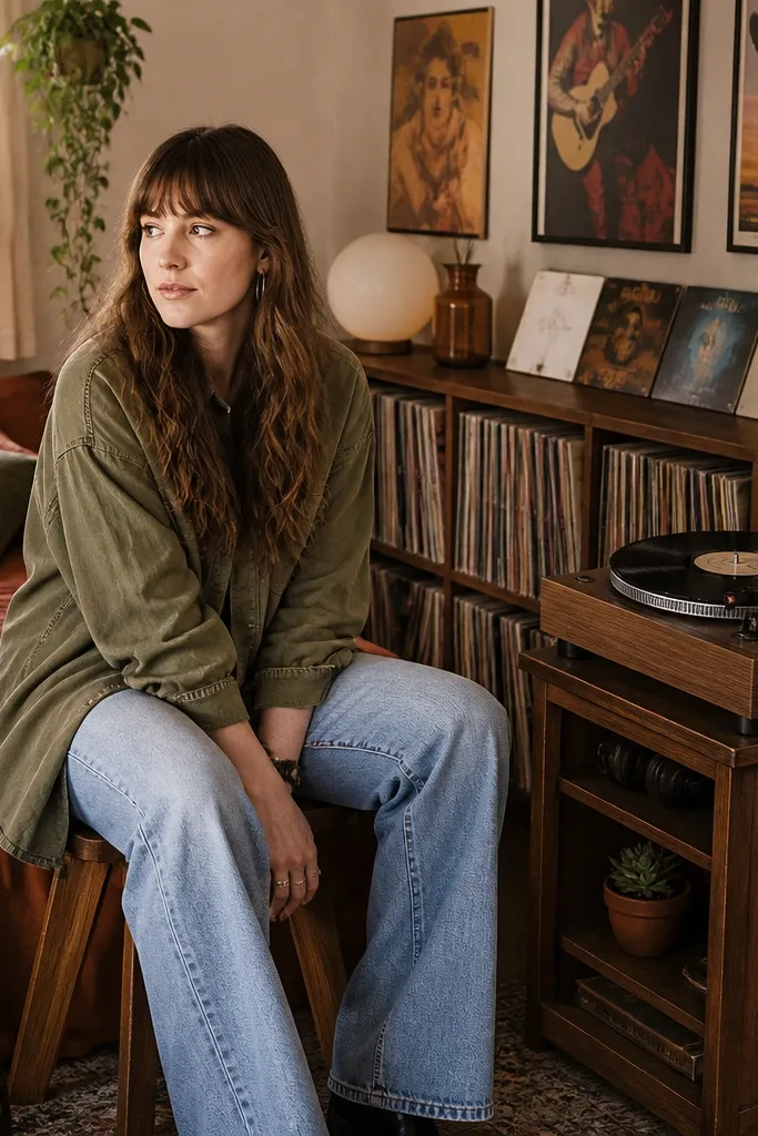 Wood record shelf, turntable-style decor, warm lamp, and muted earth-tone bedding