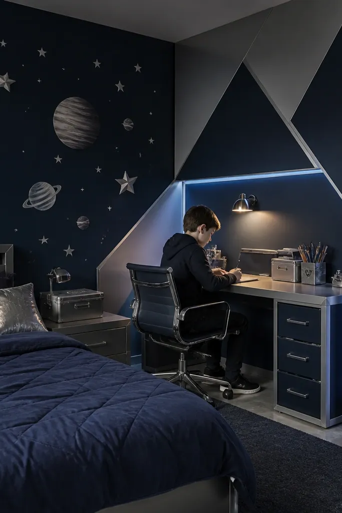 Navy bedding, silver star decals, desk with blue lights, and planet-themed wall art