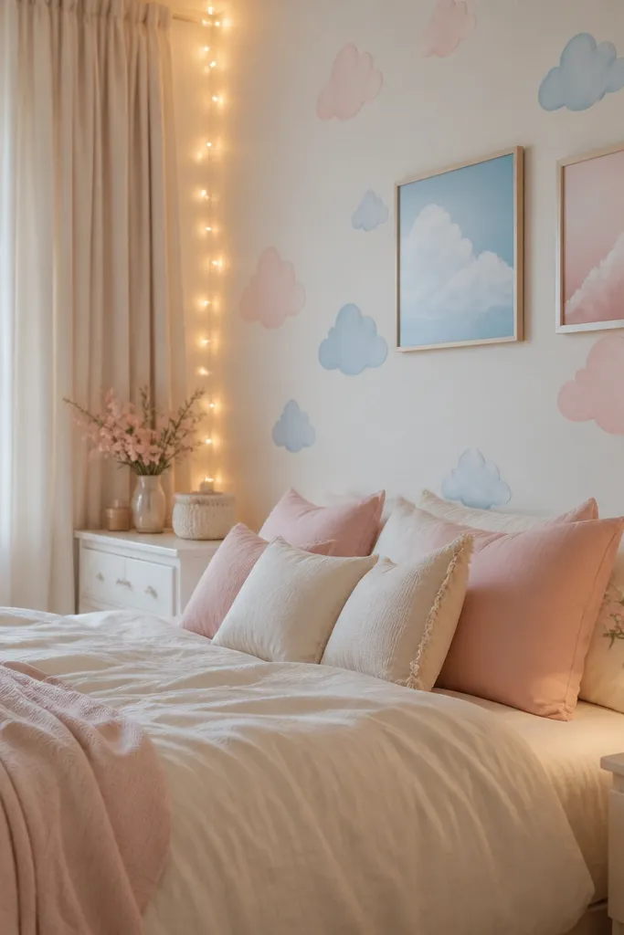 Pastel blue and pink bedding with cloud wall decals, soft curtains, and warm fairy lights