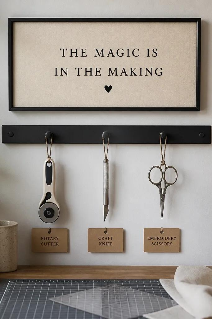 Wood quote board with a peg rail and neat hooks holding scissors, tape, and labeled bins