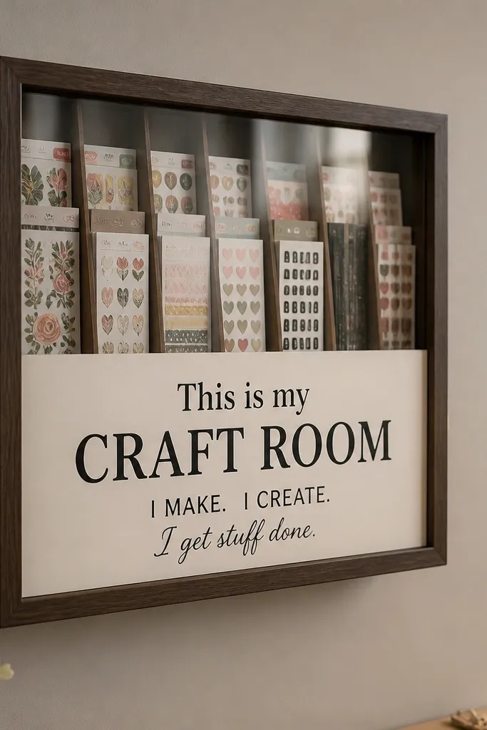 Wood shadow box with a craft saying and visible cards tucked behind glass