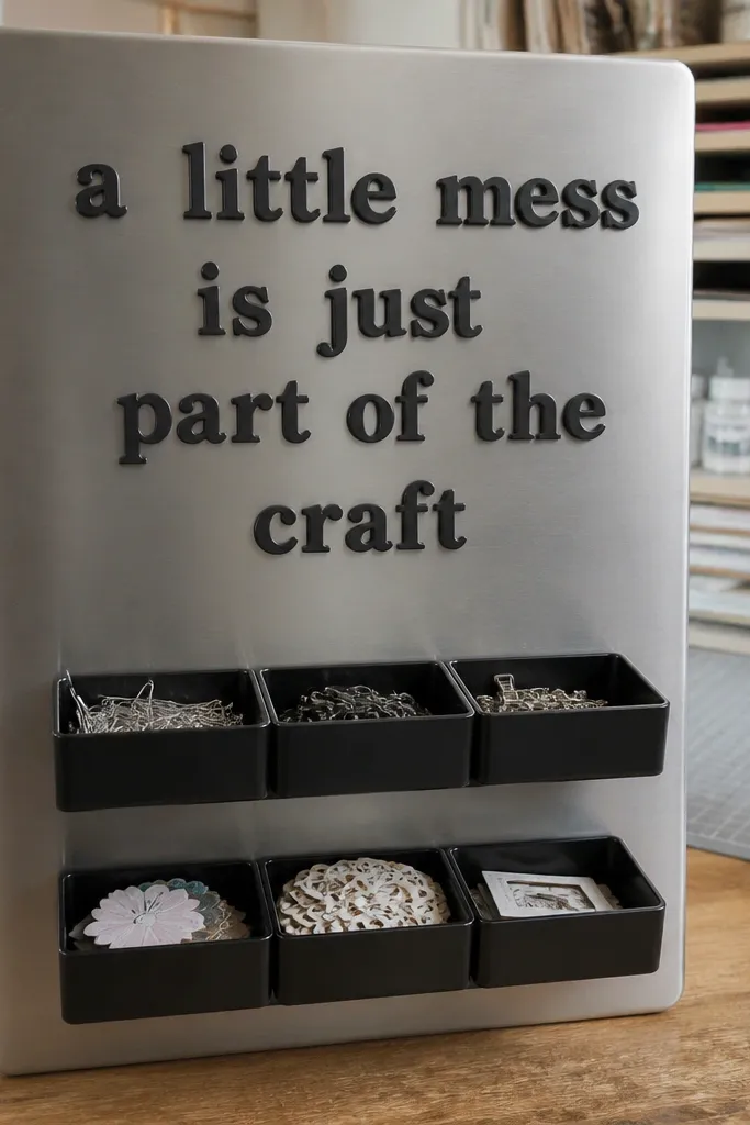 Magnetic craft saying on a metal board with small stacked trays underneath