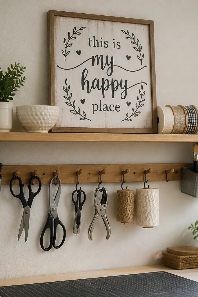 Floating shelf with a craft saying sign above peg hooks and small bins