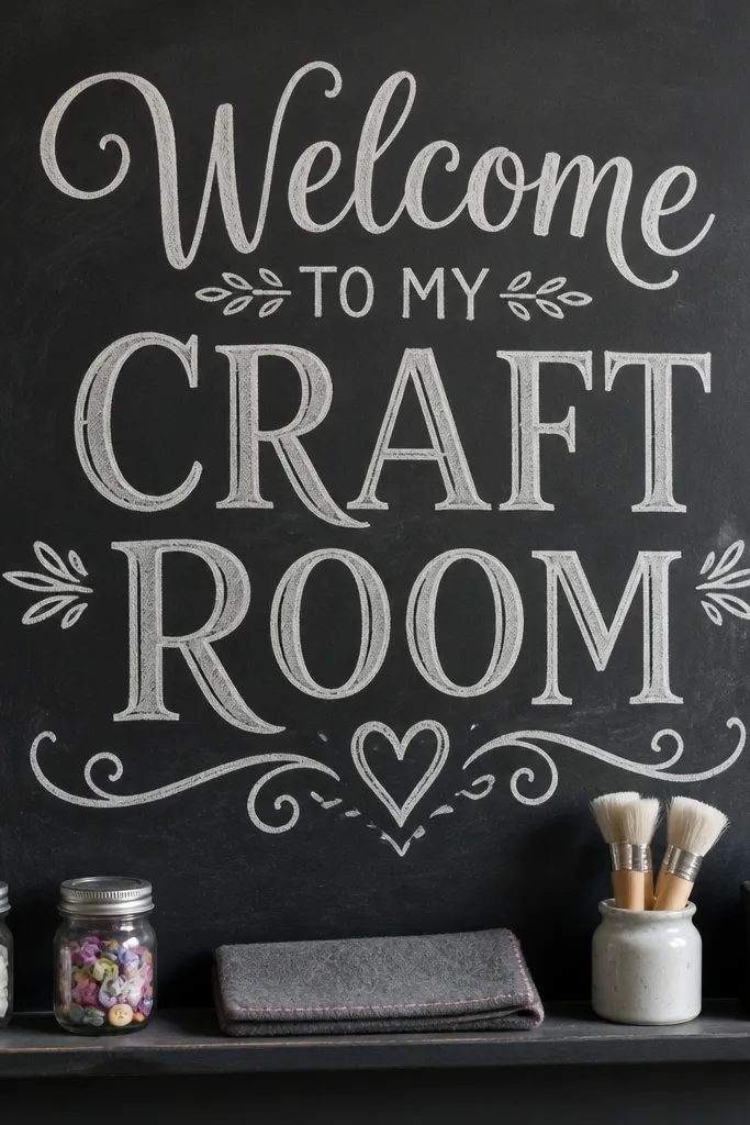 Chalkboard wall saying with a ledge holding labeled chalk and small supply jars