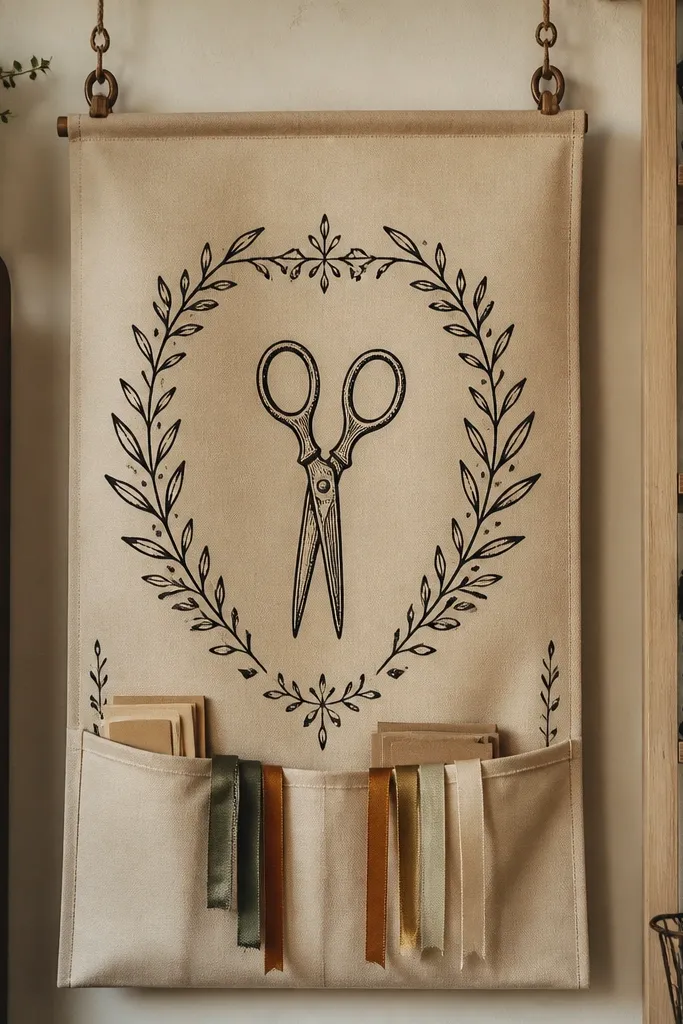 Fabric banner with a craft saying and stitched pockets holding scissors and small supplies