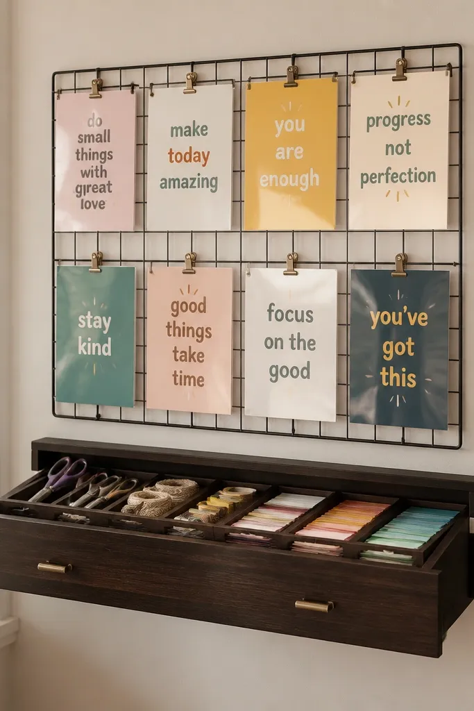 Grid frame with laminated quote cards above a narrow wall drawer holding craft supplies