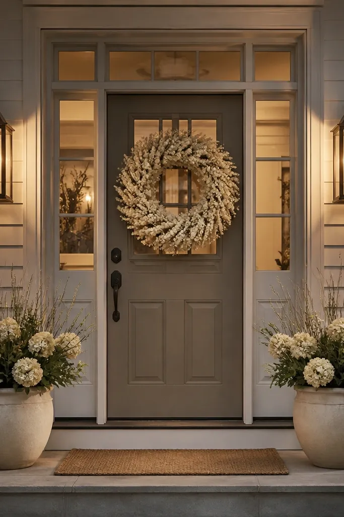 Wreath on front door with two metal lanterns lit on either side