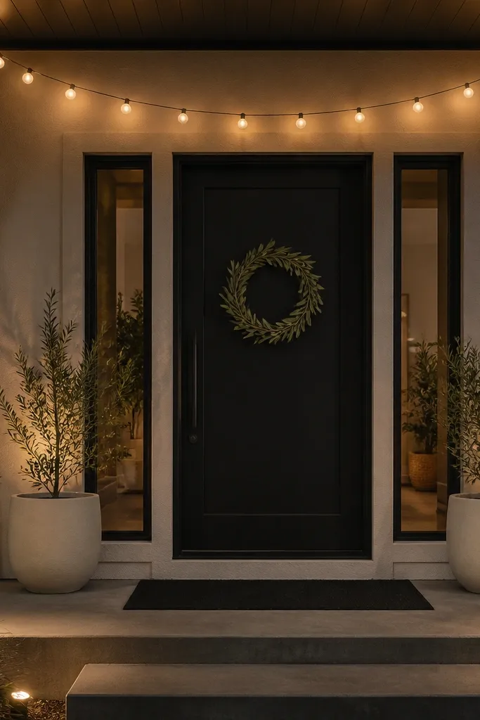 Black door with cream decor and small globe lights across the entry