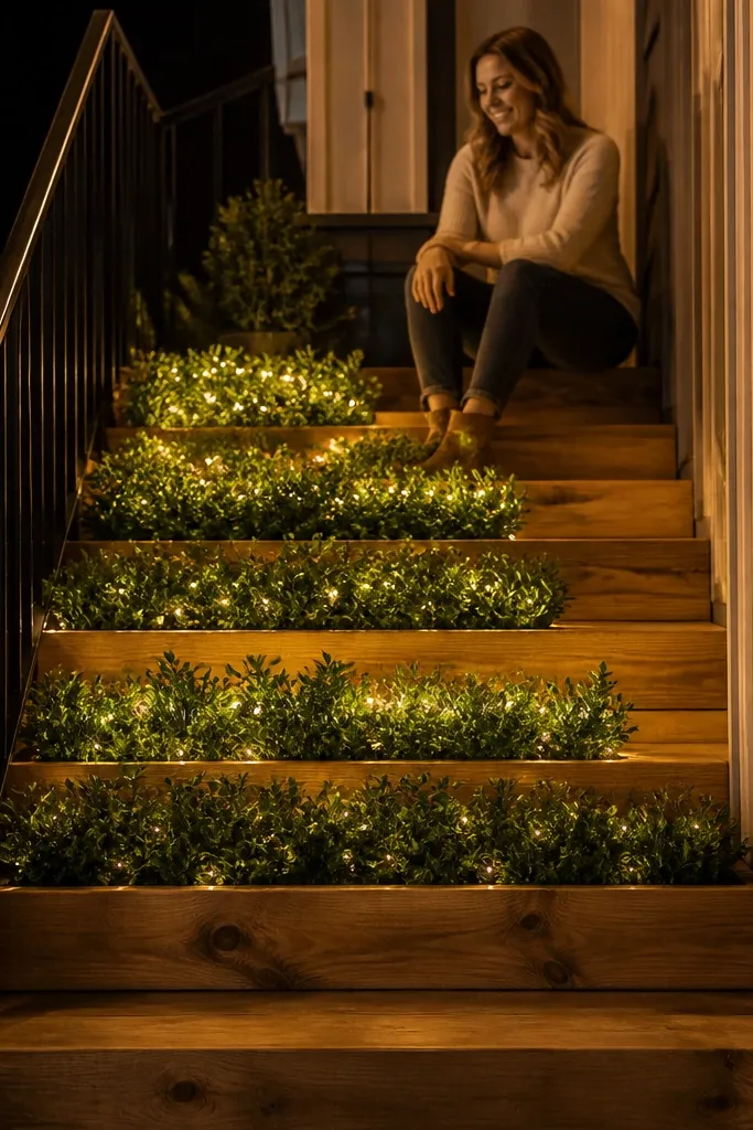 Wood planters with small fairy lights wrapped around them