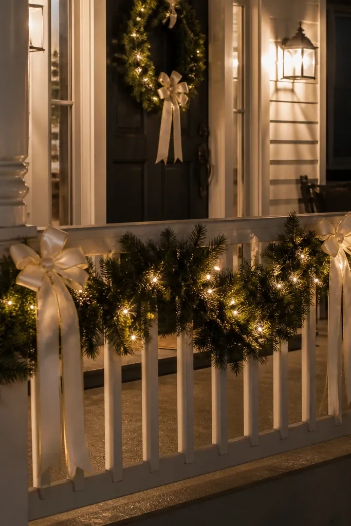 Green garland on porch rail with warm lights and ribbon accents