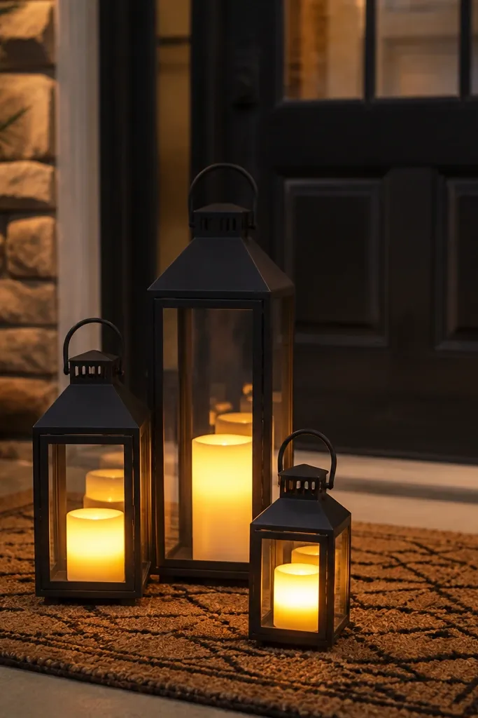 Three lanterns on a doormat with warm light spilling outward