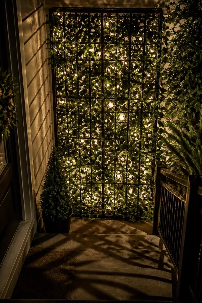Tall trellis with faux vines and twinkle lights behind it near the door