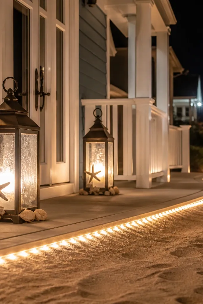 Blue-gray porch decor with starfish lanterns and rope lighting along the entry edge