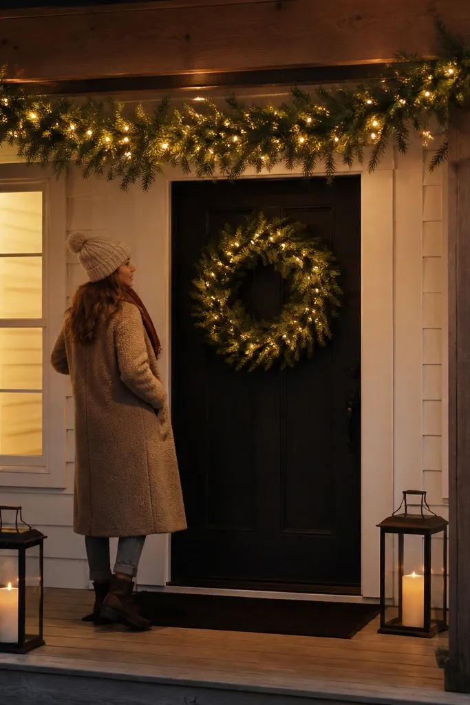 Evergreen swags across porch posts with warm mini lights and candles