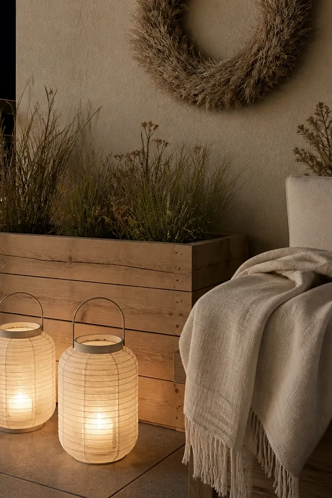 Neutral porch with paper lanterns and LED candles glowing near the door