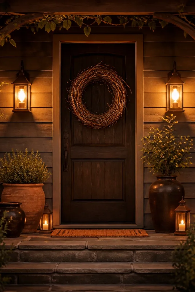 Grapevine wreath on door with lanterns lit in amber warm bulbs