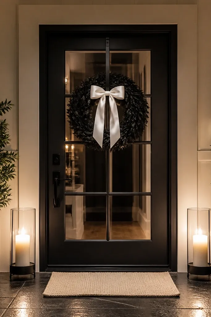 Black porch with white ribbon bow wreath and LED candlesticks glowing
