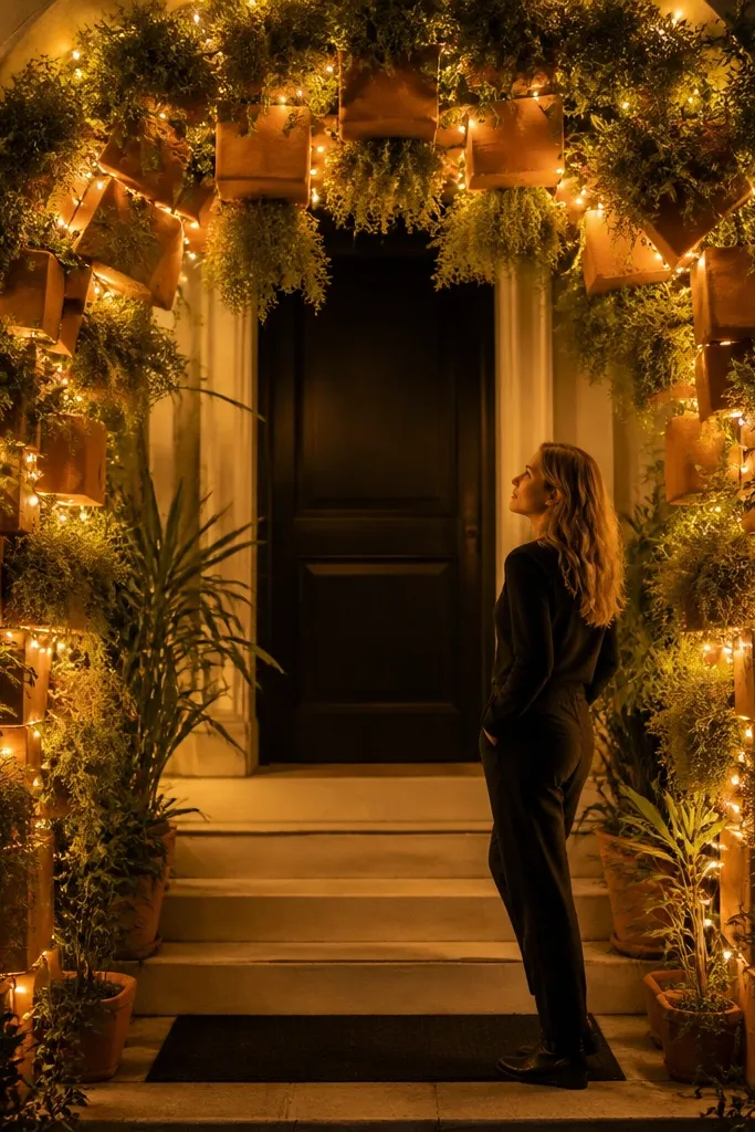 Sage and terracotta planters with a small arch wrapped in string lights