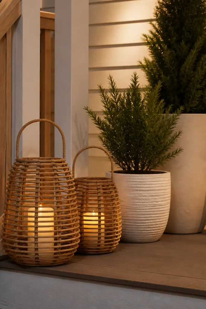 Woven rattan baskets with warm lights inside near the front door