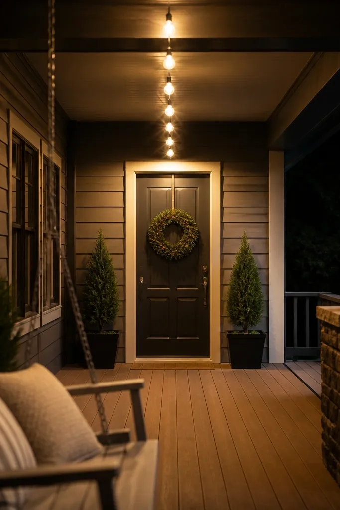 Overhead string lights above porch with a centered wreath on the front door