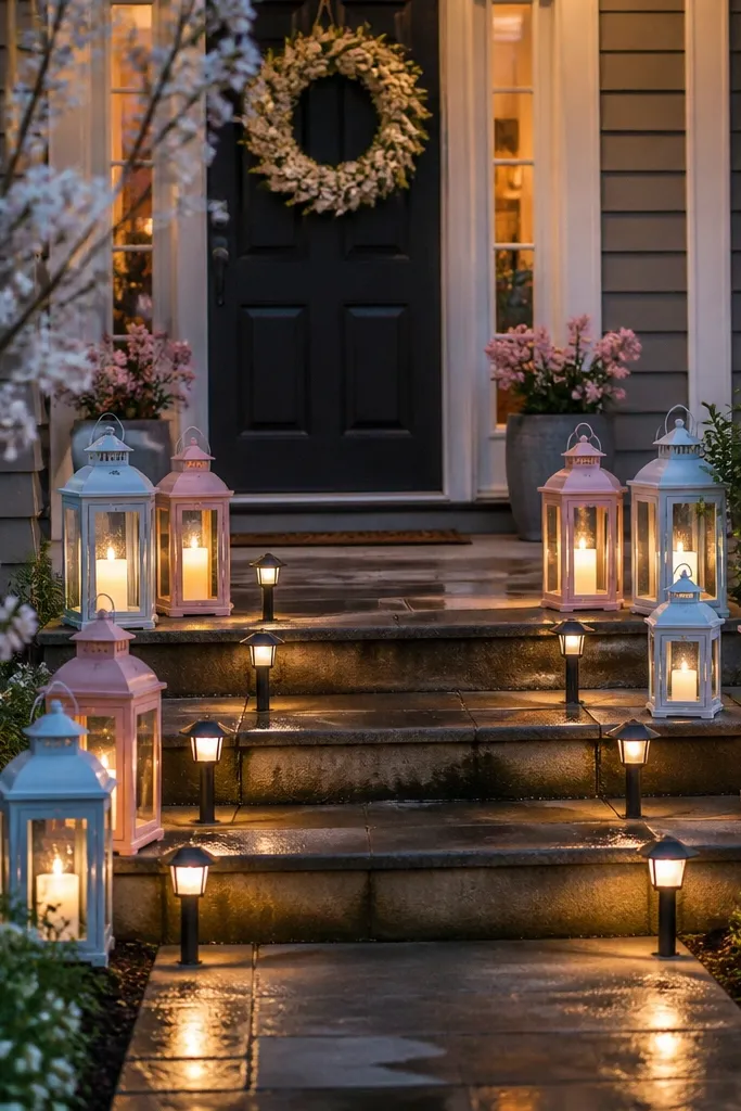 Pastel lanterns and warm lights guiding a pathway to the front door