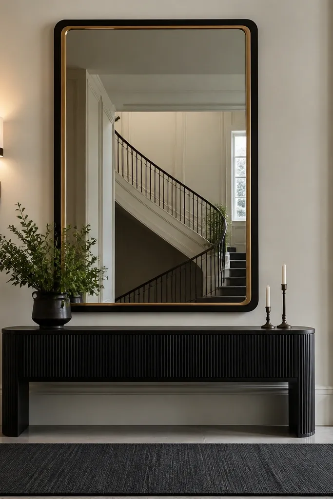 Dark console table with a large black frame mirror and brass accents in a foyer