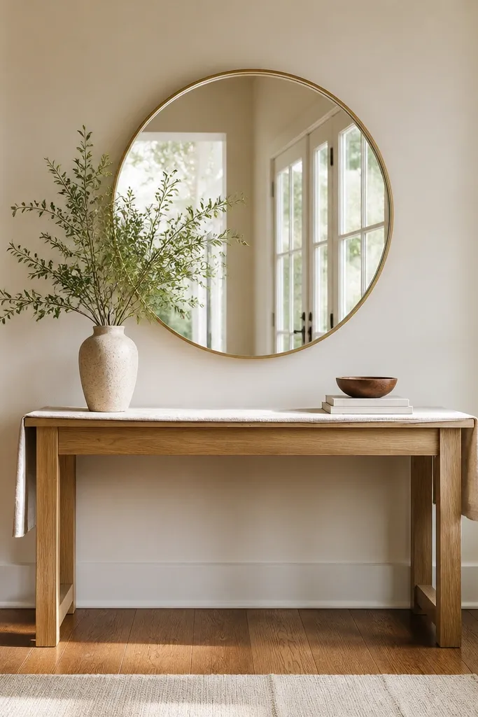 Light wood console with cream linen runner and a large round mirror above