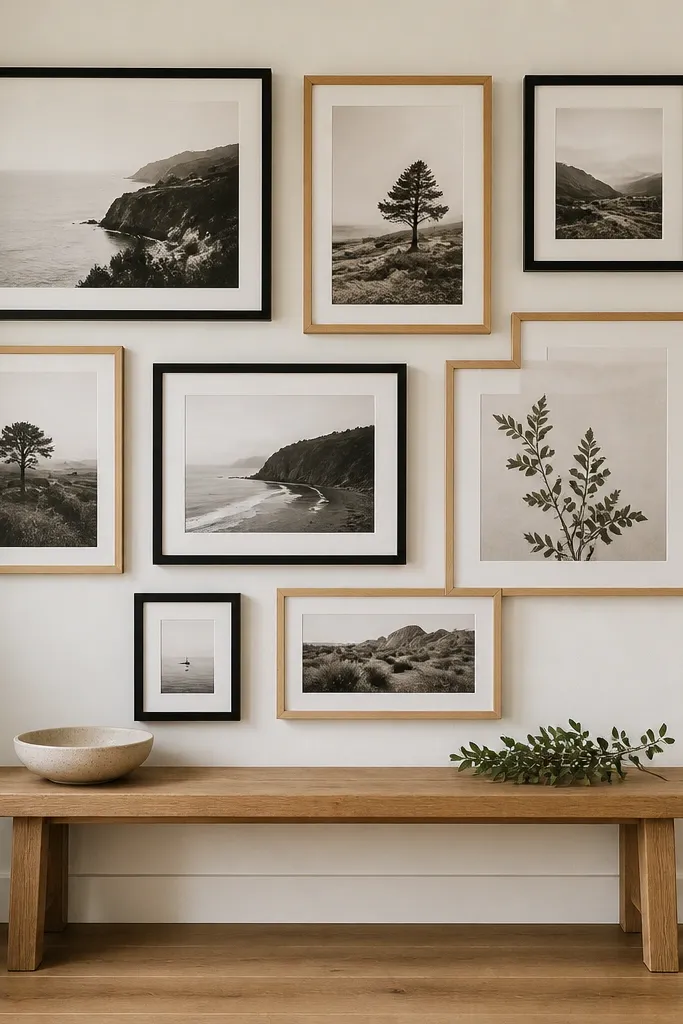 Large gallery wall with two frame colors and a small bench in a foyer