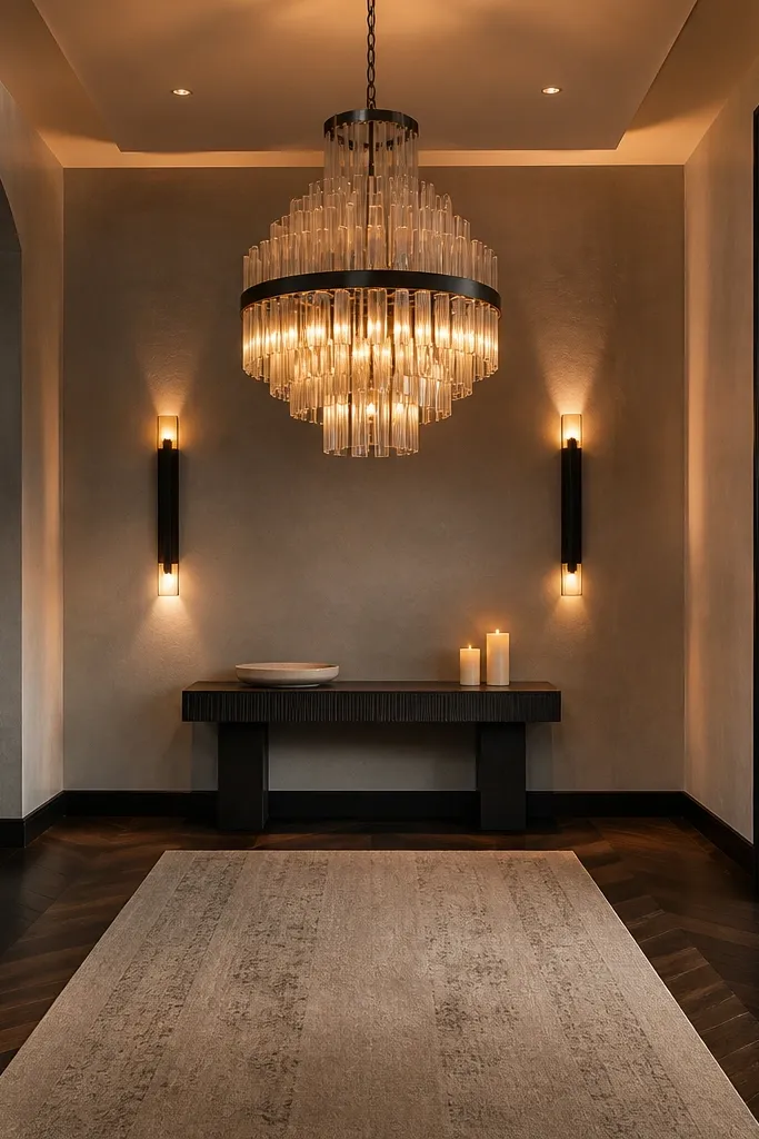 Console table beneath a statement chandelier with matching wall sconces in a foyer