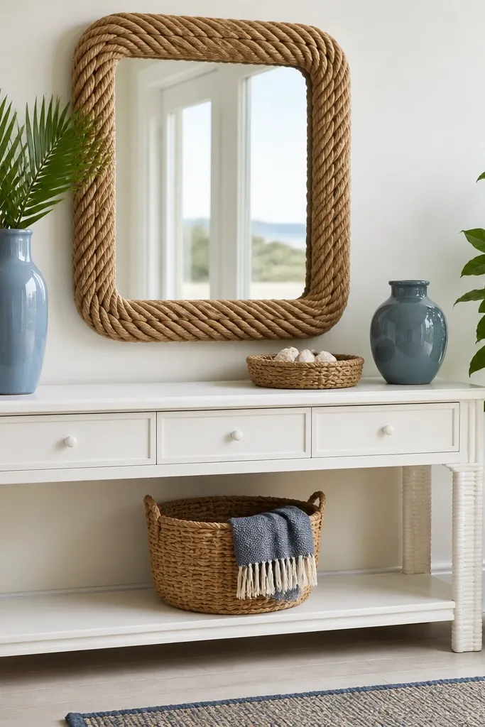 White console with coastal blue accents and a rope-framed mirror