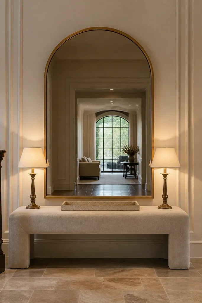 Arched cream bench under an oversized arched mirror in a foyer