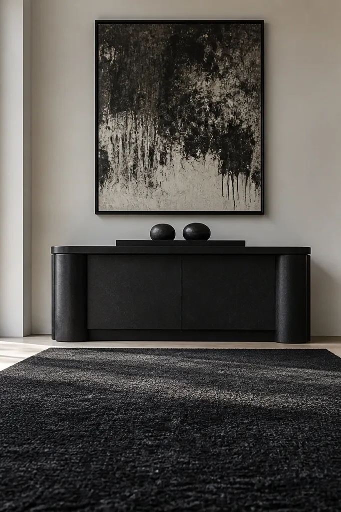 Black console with textured dark runner and large abstract art above