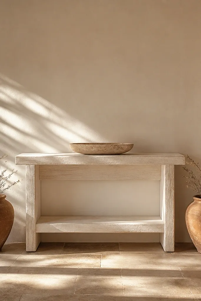 Terracotta accents with clay pots and a natural stone tray in a foyer