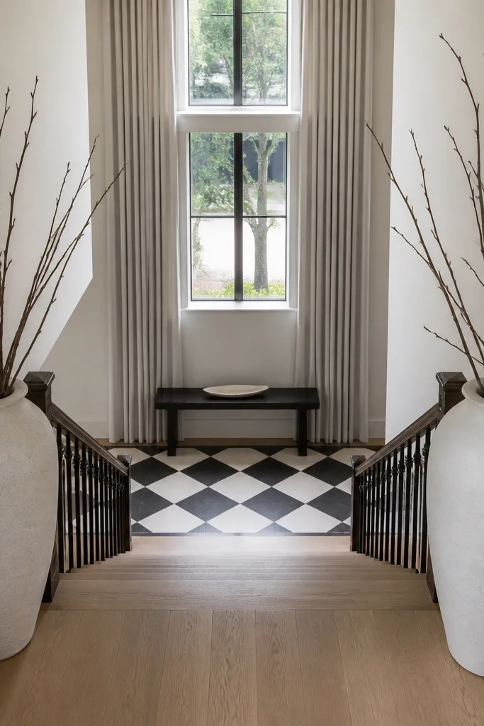 Tall floor vases flanking a staircase landing console area