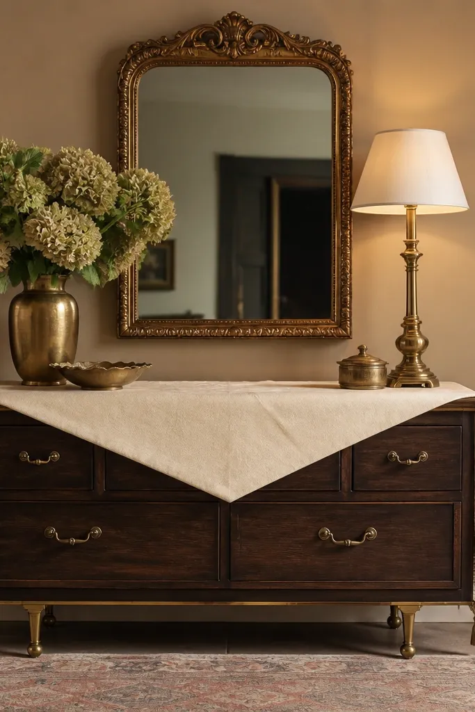 Dark wood console with brass hardware and layered textiles in a foyer