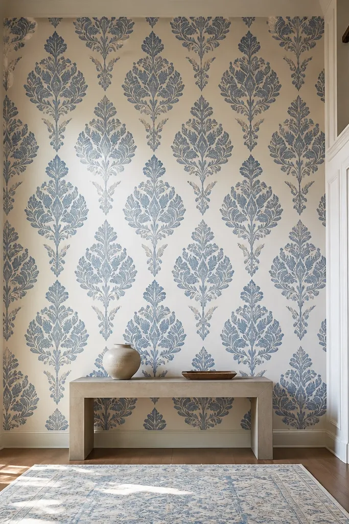 Wallpaper accent wall with a console table and minimal decor in a foyer
