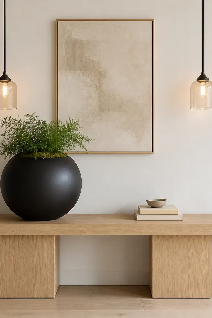 Light console with a black planter sphere and two pendant lights in a bright foyer