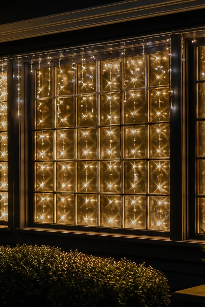 Warm white grid lights across windows with icicle strands hanging down
