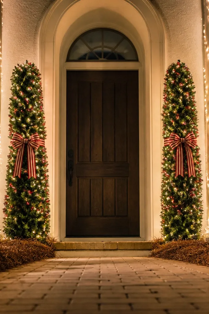 Tall lit frames with red and white accents by the front entry