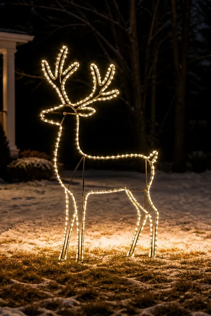 Warm white rope lights outlining a reindeer shape in the yard