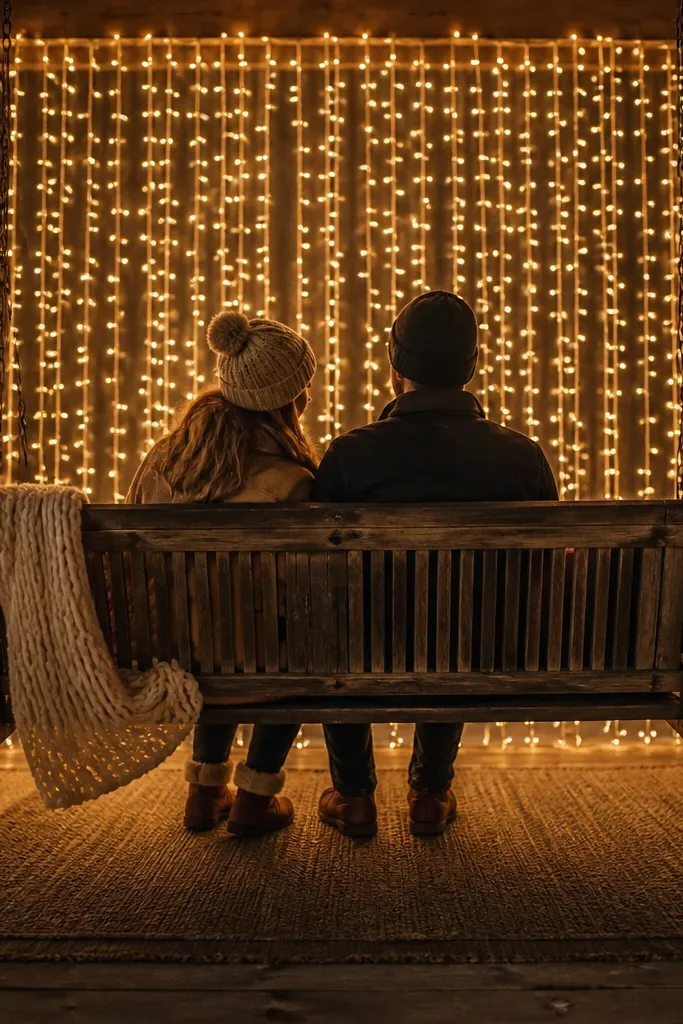 A vertical light curtain glow behind outdoor seating on the porch