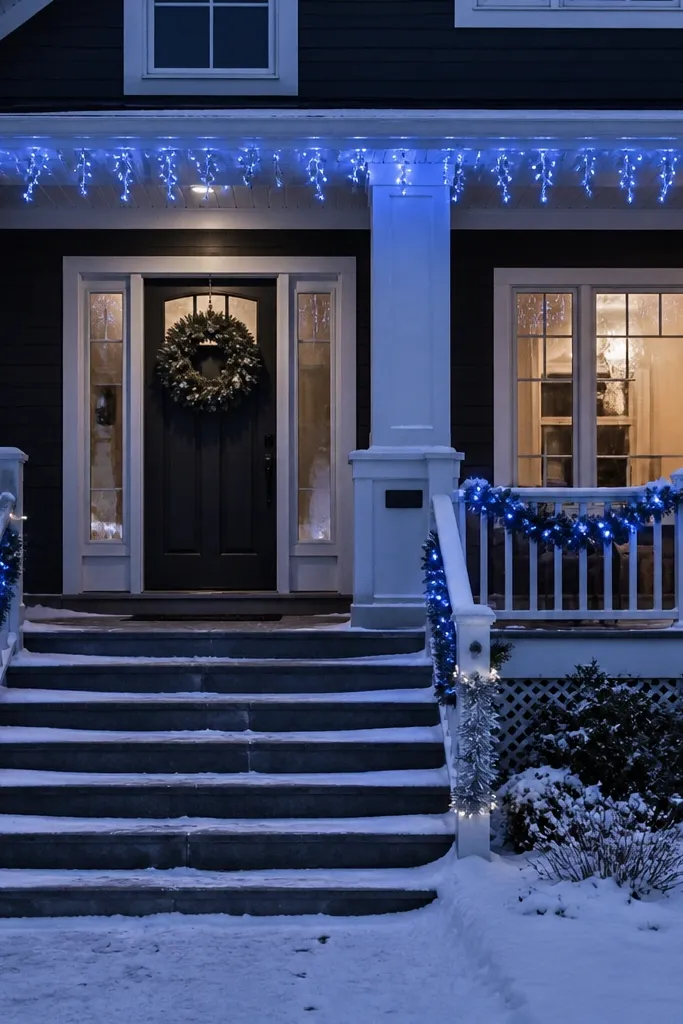 Cool blue icicle swag along the porch roof edge