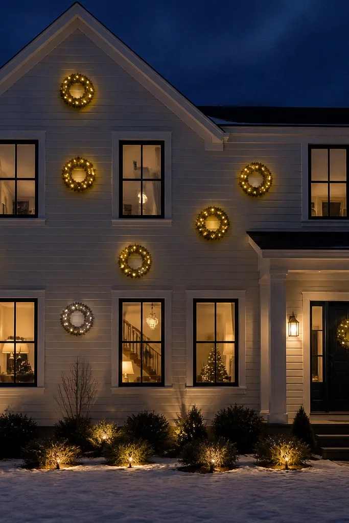 Multiple lit wreaths arranged like a constellation across front windows