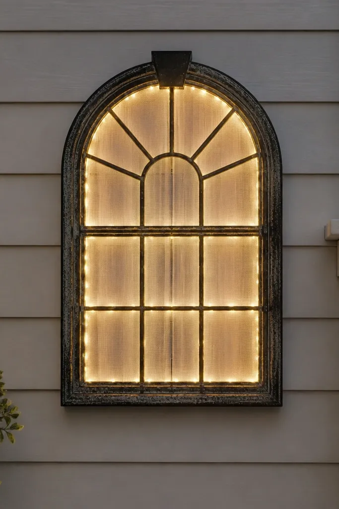 A framed faux window made of warm lights on the front wall