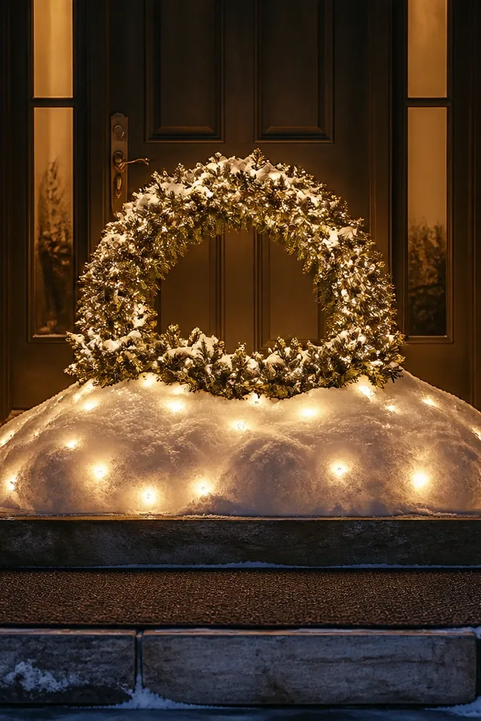 White snowdrift lights in front with a warm white wreath on top